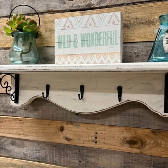 Rustic Off White Wall Shelf with Hooks and Wrought Iron Brackets - Picture 2 of 6